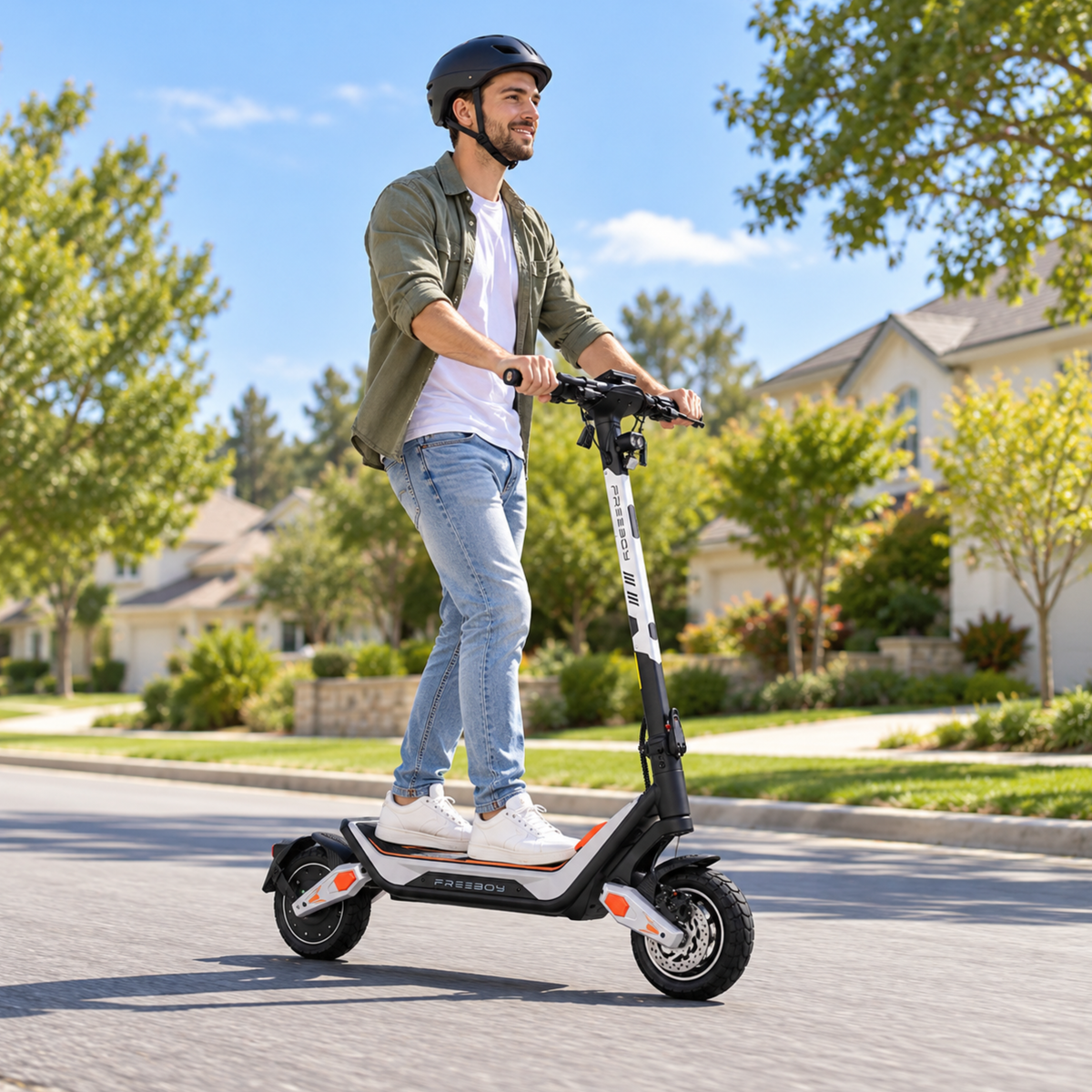 Mann mit Helm fährt den Wheely - J18 auf einer Wohnstraße mit Bäumen und Häusern