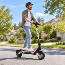 Mann mit Helm fährt den Wheely - J18 auf einer Wohnstraße mit Bäumen und Häusern