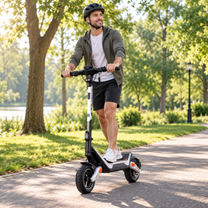 Mann mit Helm fährt den Wheely - J18 auf einem Parkweg zwischen Bäumen und Gras