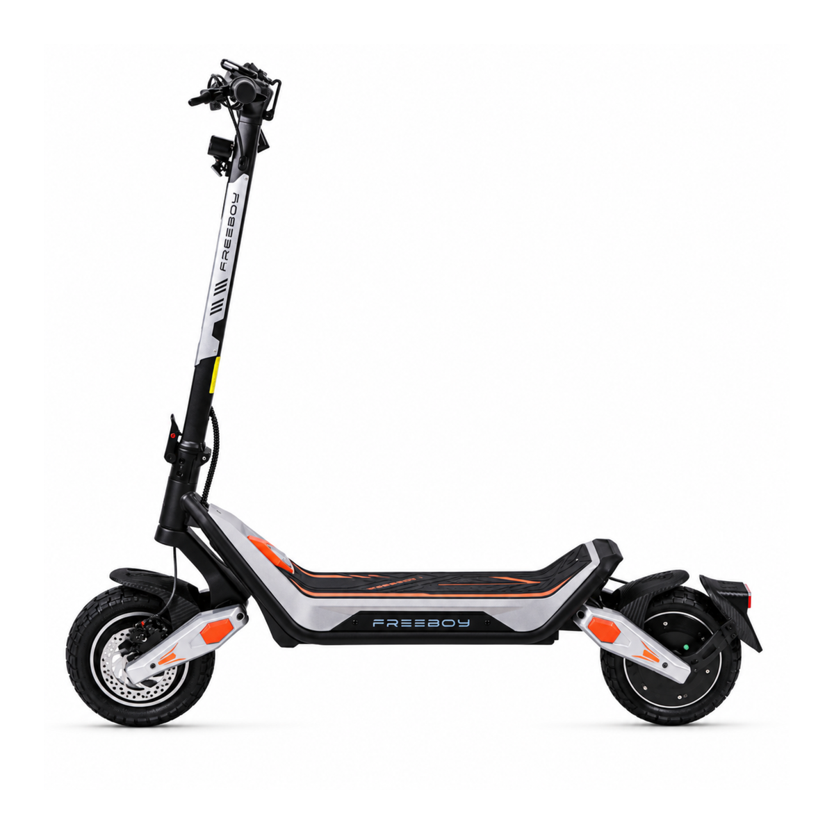Wheely - J18 E-Scooter in der Seitenansicht mit Lenkstange, Trittbrett, Vorderrad und Hinterrad