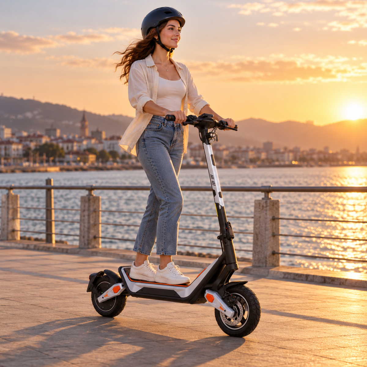Wheely - J18 E-Scooter mit Fahrer im Helm auf einer Uferpromenade am Wasser bei Sonnenuntergang