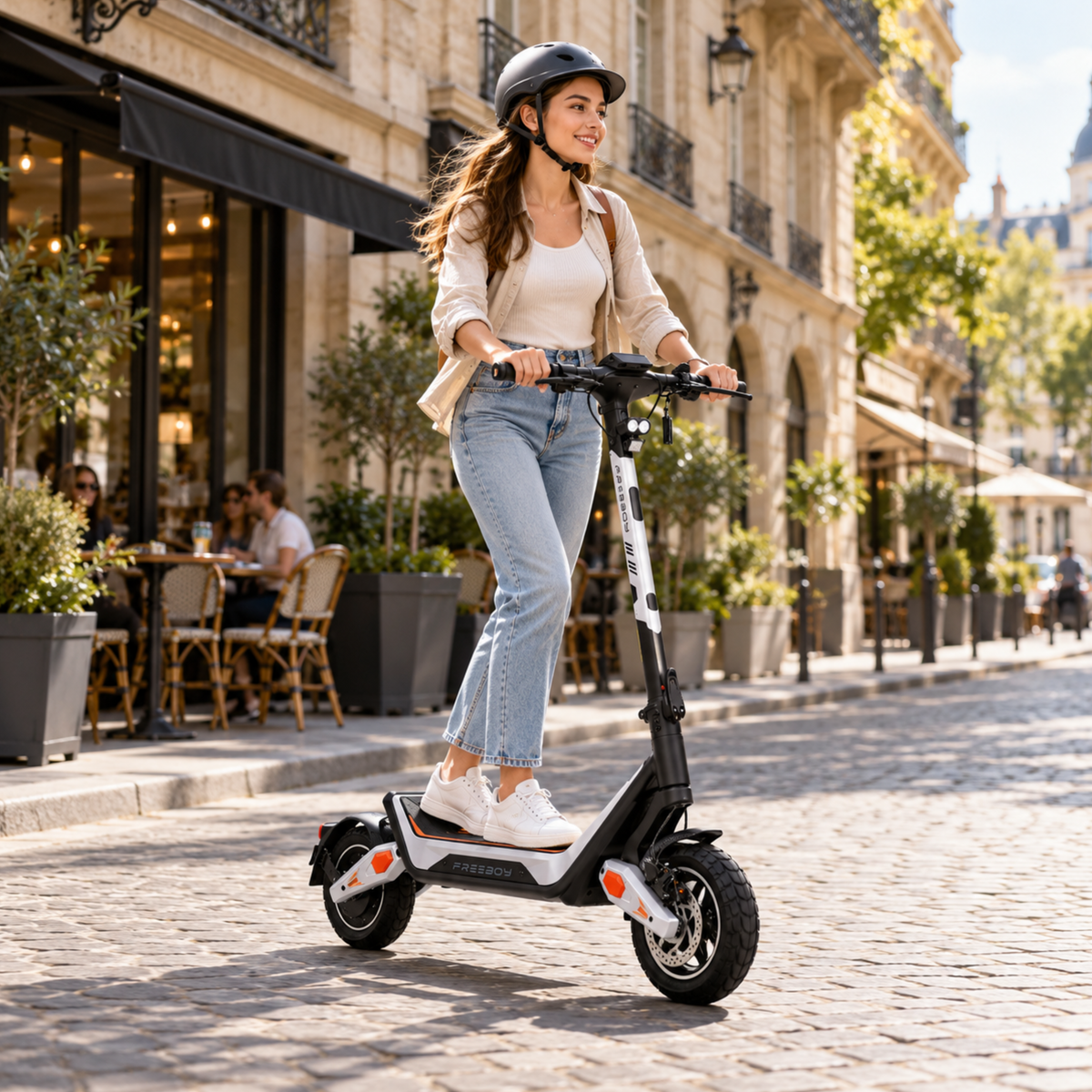 Wheely - J18 E-Scooter mit lächelndem Fahrer im Helm auf einer Kopfsteinpflasterstraße vor einem Café