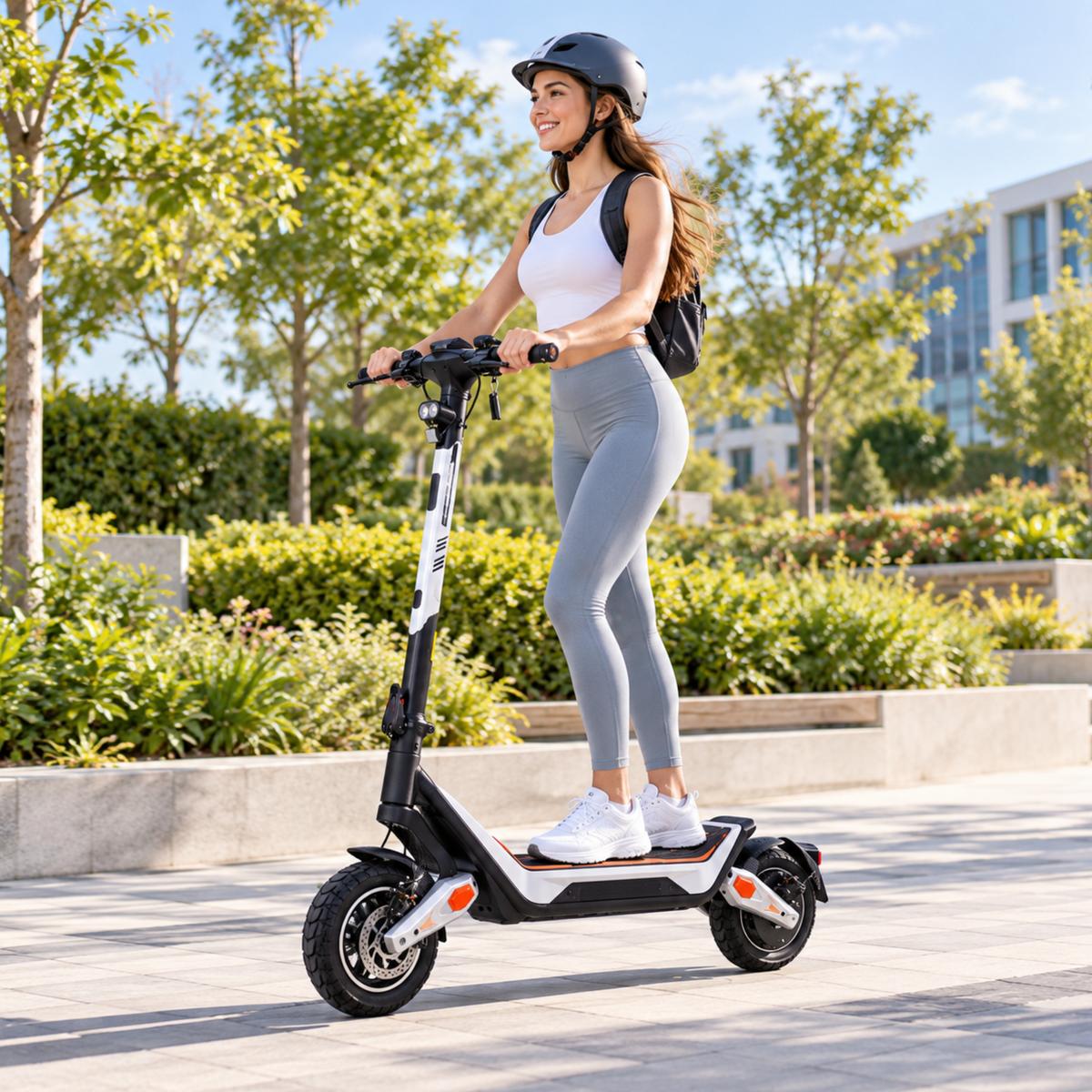 Wheely - J18 E-Scooter mit Fahrer in Helm und mit Rucksack in einem grünen Stadtpark