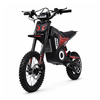 Wheely - Y10 Elektromotorrad von schräg vorn mit Frontscheinwerfer, roten Details und Geländereifen