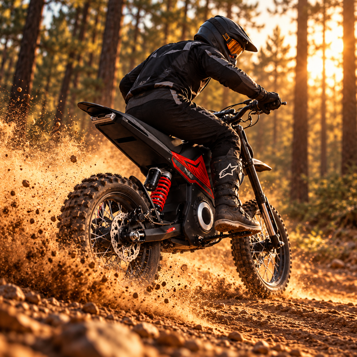Fahrer auf dem Wheely - Y10 in Fahrt auf einem Waldweg mit aufgewirbeltem Staub in der Abendsonne