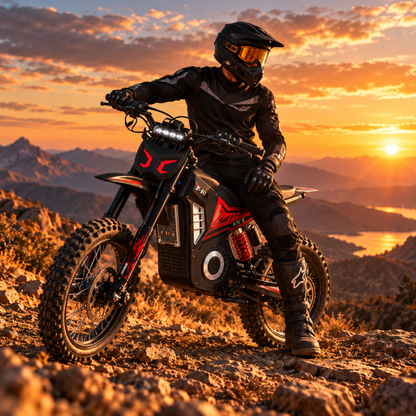 Fahrer sitzt auf dem Wheely - Y10 auf steinigem Boden bei Sonnenuntergang mit Bergen im Hintergrund