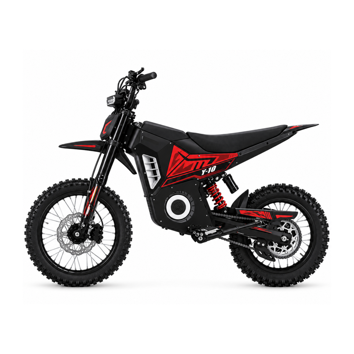 Wheely - Y10 Elektromotorrad in der Seitenansicht mit schwarzer und roter Verkleidung, rotem Hinterradfederbein und Speichenrädern
