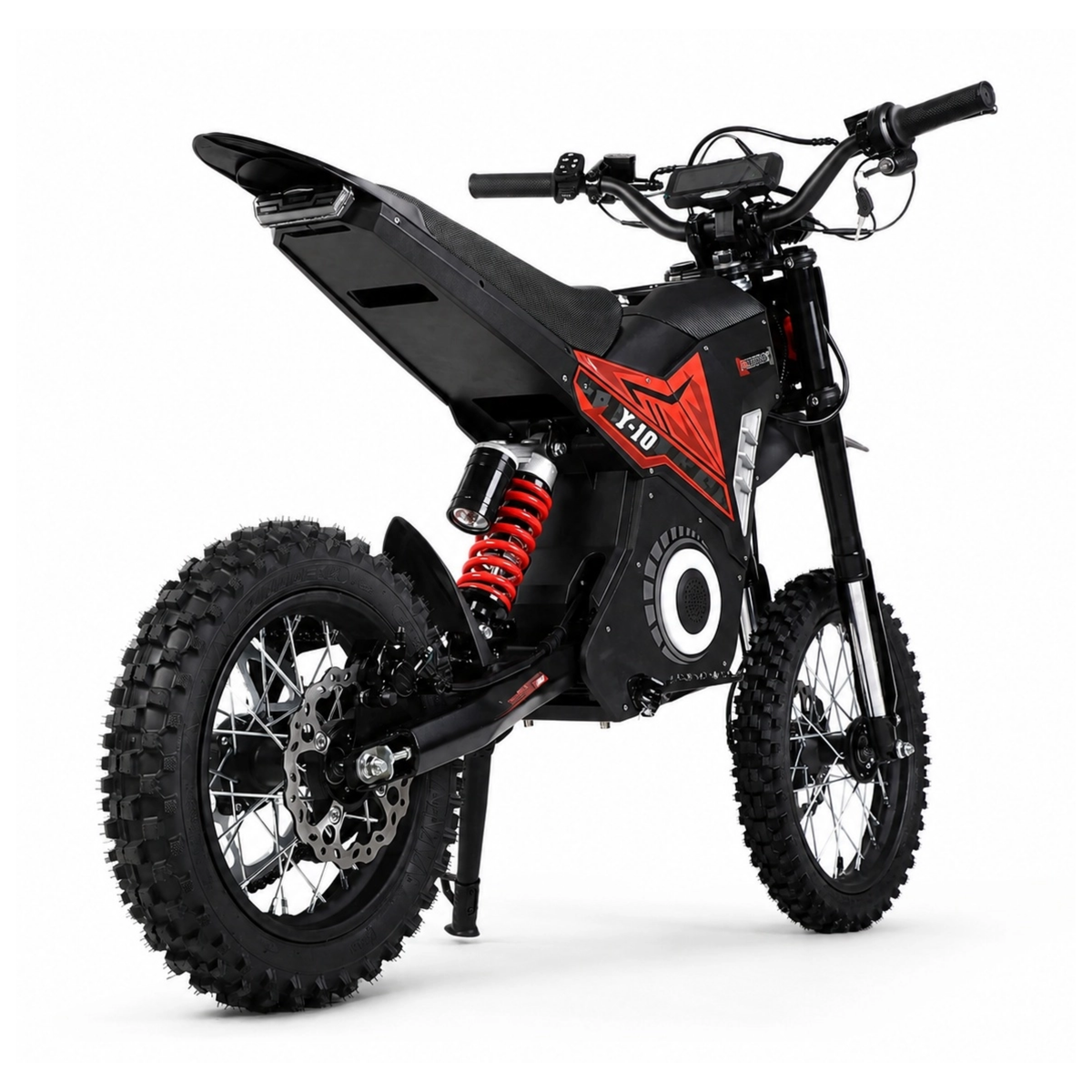 Wheely - Y10 Elektromotorrad von schräg hinten mit Sitz, rotem Stoßdämpfer und hinterer Bremsscheibe