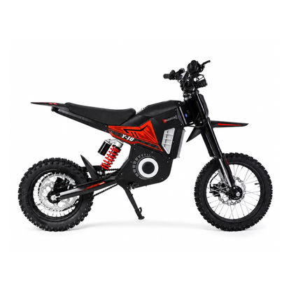 Wheely - Y10 von der Seite, schwarzes und rotes Crossmotorrad mit Geländereifen und rotem Hinterraddämpfer