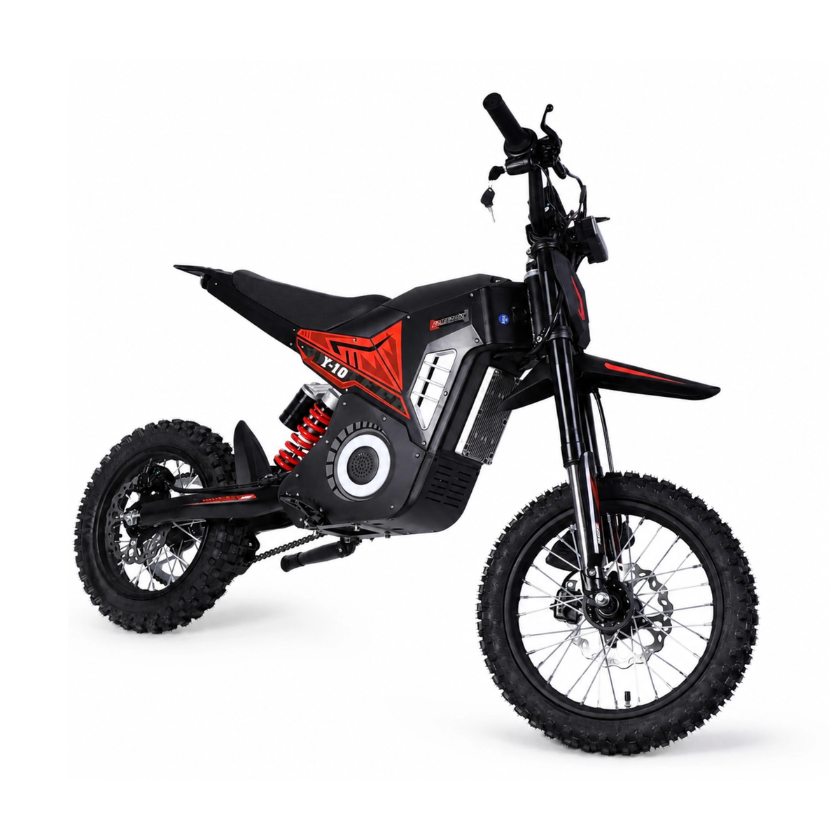 Wheely - Y10 von schräg vorn mit Lenker, Vorderradgabel, Scheibenbremse und Geländereifen