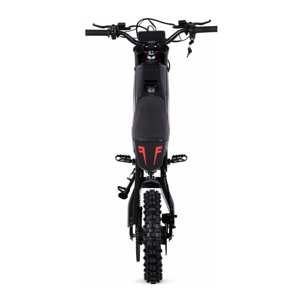 Wheely - Y10 von hinten mit Lenker, Display, Sitz, Fußrasten, Kette und Hinterreifen mit grobem Profil