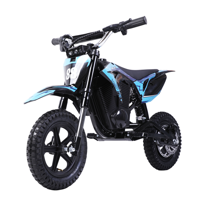 Wheely - Y3 Elektro-Motorrad in Blau und Schwarz, schräg von vorne gesehen, mit Startnummer 88 und grobstolligen Reifen