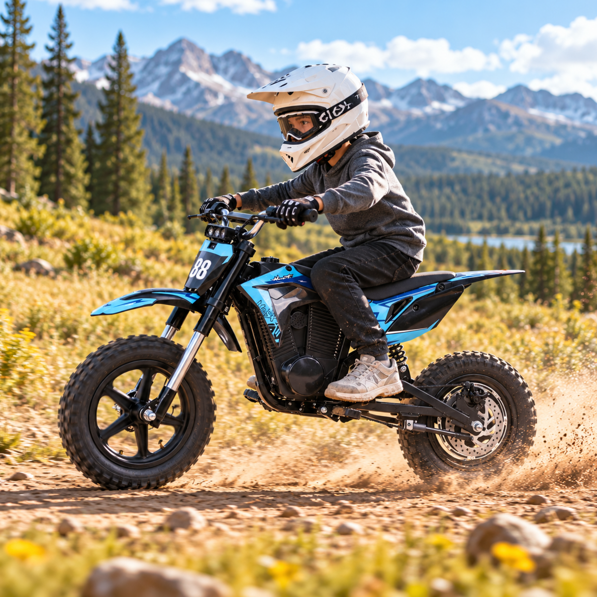Wheely - Y3 wird von einem Kind mit Helm auf einer Schotterstraße gefahren, im Hintergrund Berge und Wald