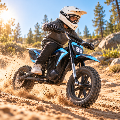 Wheely - Y3 in Blau und Schwarz wird im sandigen Gelände gefahren, aufgewirbelter Sand, Startnummer 88 vorne