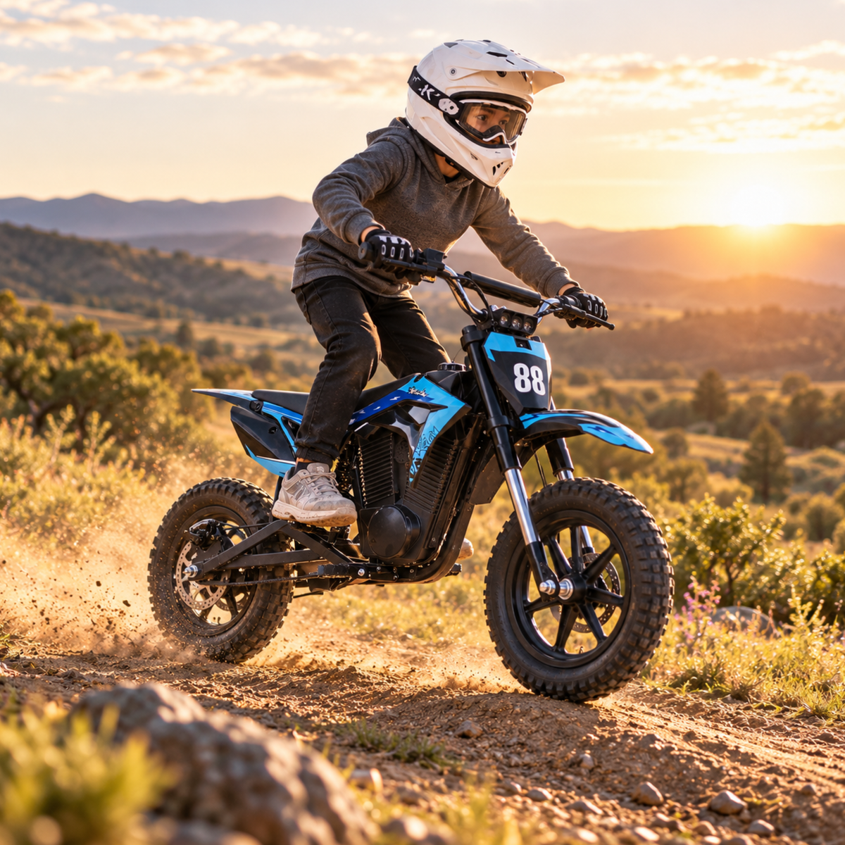 Wheely - Y3 wird von einem Kind mit Helm auf einem Pfad im Sonnenuntergang gefahren