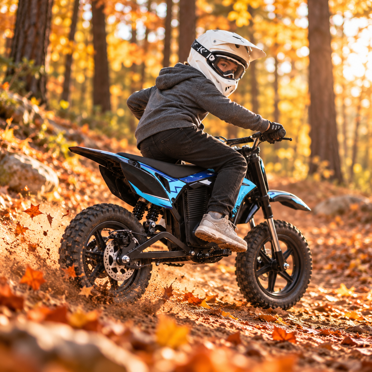 Wheely - Y3 von der Seite gesehen, mit Fahrer auf einem Waldweg zwischen Herbstlaub