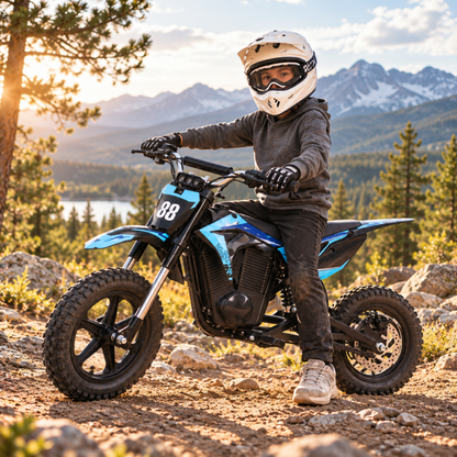 Wheely - Y3 mit Kind im Helm, das auf steinigem Boden sitzt, im Hintergrund Berge