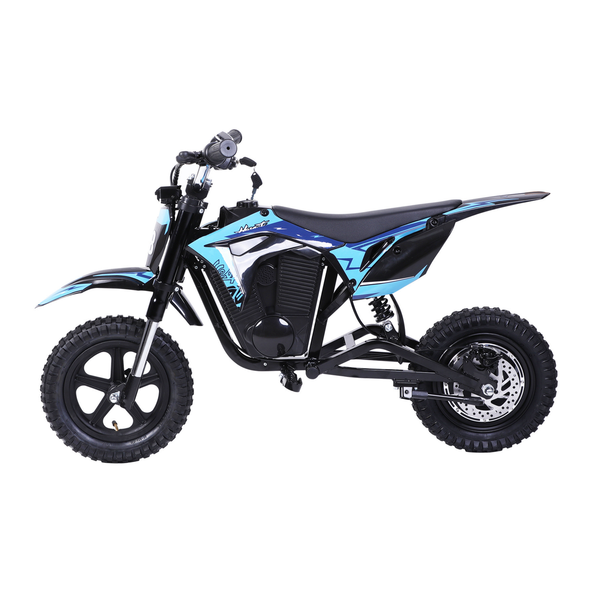 Wheely - Y3 Elektro-Motorrad von der Seite gesehen, mit blauen und schwarzen Verkleidungen, Sitz, hinterem Stoßdämpfer und hinterer Bremsscheibe