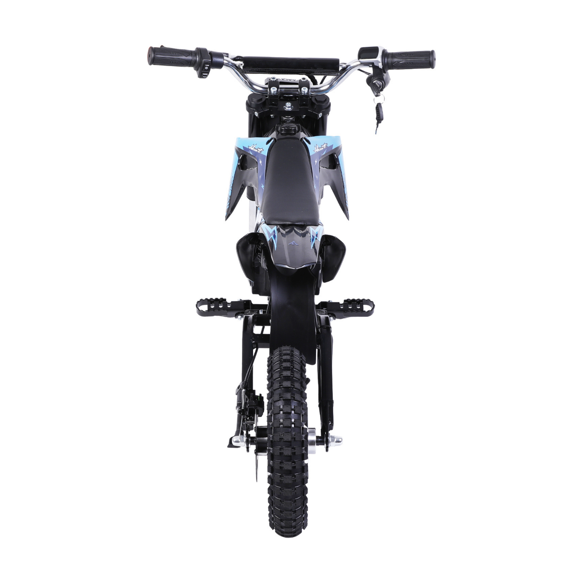 Wheely - Y3 Elektro-Motorrad direkt von hinten gesehen, mit Lenker, Schlüssel, Sitz, Fußrasten und Hinterreifen