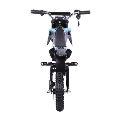 Wheely - Y3 Elektro-Motorrad direkt von hinten gesehen, mit Lenker, Schlüssel, Sitz, Fußrasten und Hinterreifen