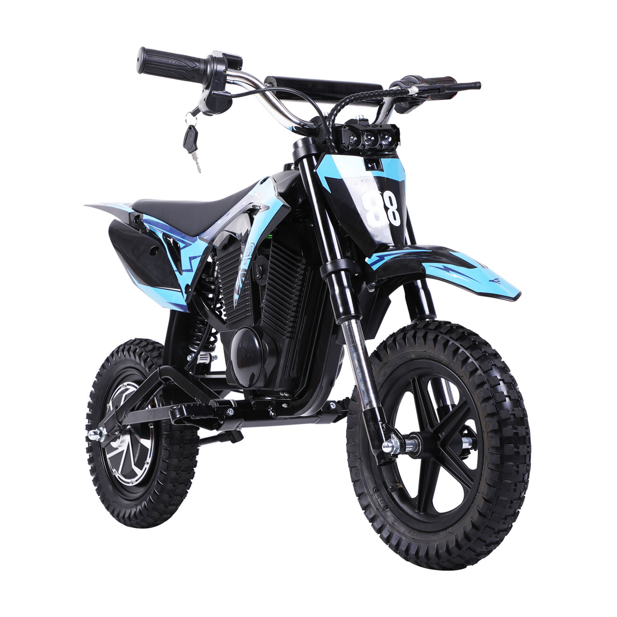 Wheely - Y3 Elektro-Motorrad in Schwarz und Blau, schräg von vorne gesehen, mit Startnummer 88