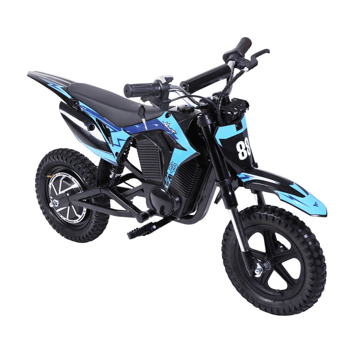 Wheely - Y3 Elektro-Motorrad in Schwarz und Blau, schräg von vorne links gesehen, mit Sattel, Lenker und Geländereifen
