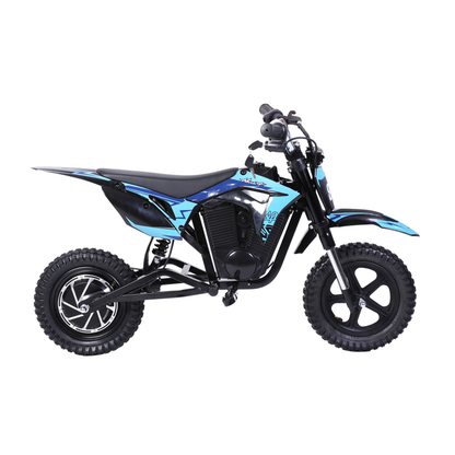 Wheely - Y3 Elektro-Motorrad in Schwarz und Blau, von der Seite gesehen, mit Sitz, Rahmen und grobstolligen Reifen