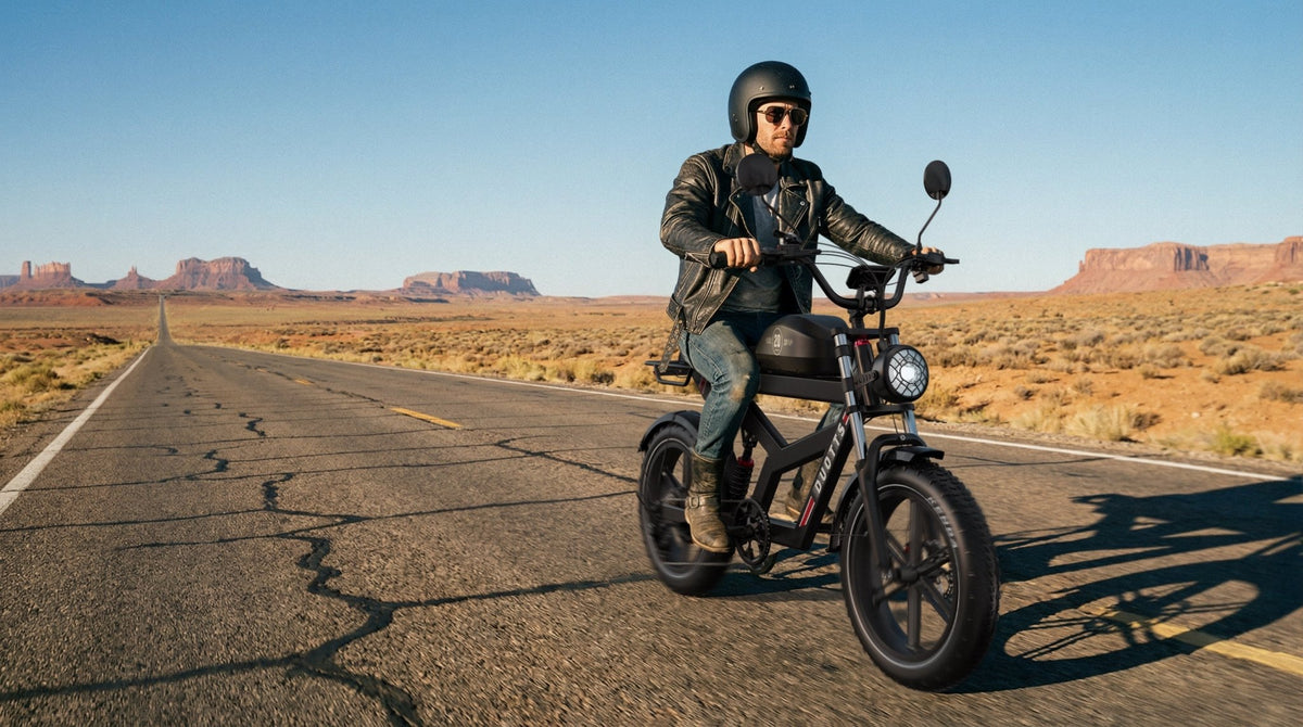 Mann auf dem Duotts F20 Fatbike-E-Bike auf der Straße