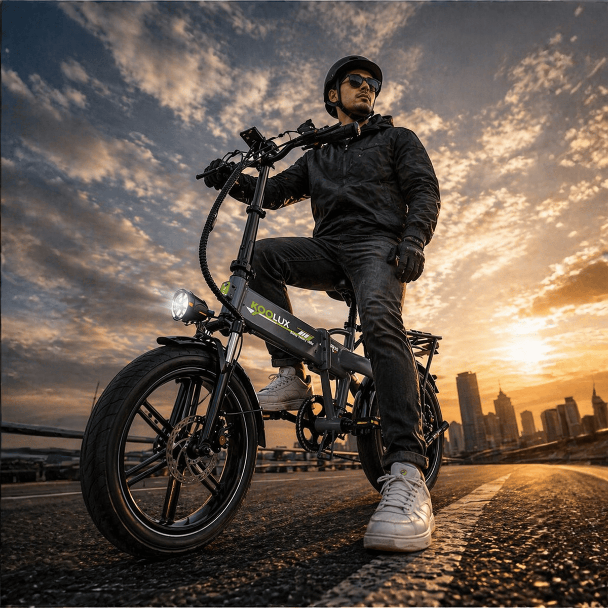 Mann auf dem KOOLUX RK10 faltbaren Fatbike-E-Bike in der Stadt