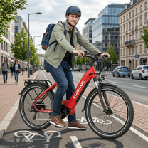 Mann auf dem KOOLUX X2 E-Bike in Rot in der Stadt