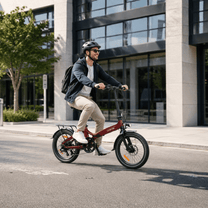 Mann auf dem Onemile E2 faltbaren E-Bike in der Stadt