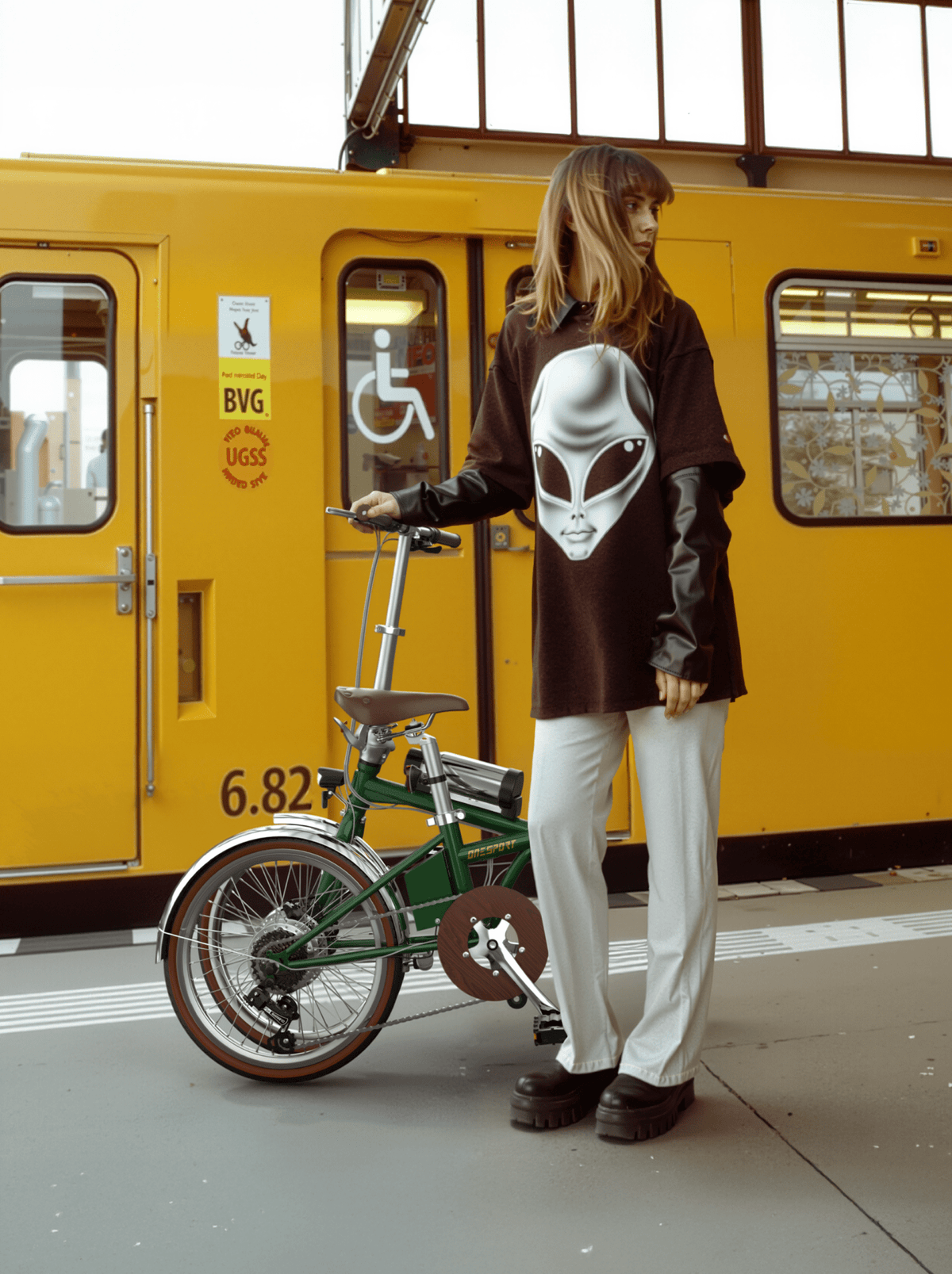 Frau steht neben dem OneSport OT02 Pro faltbaren E-Bike in Grün auf einer Straße