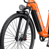 Vorderrad und Gabel des OneSport OT05 Pro in Orange