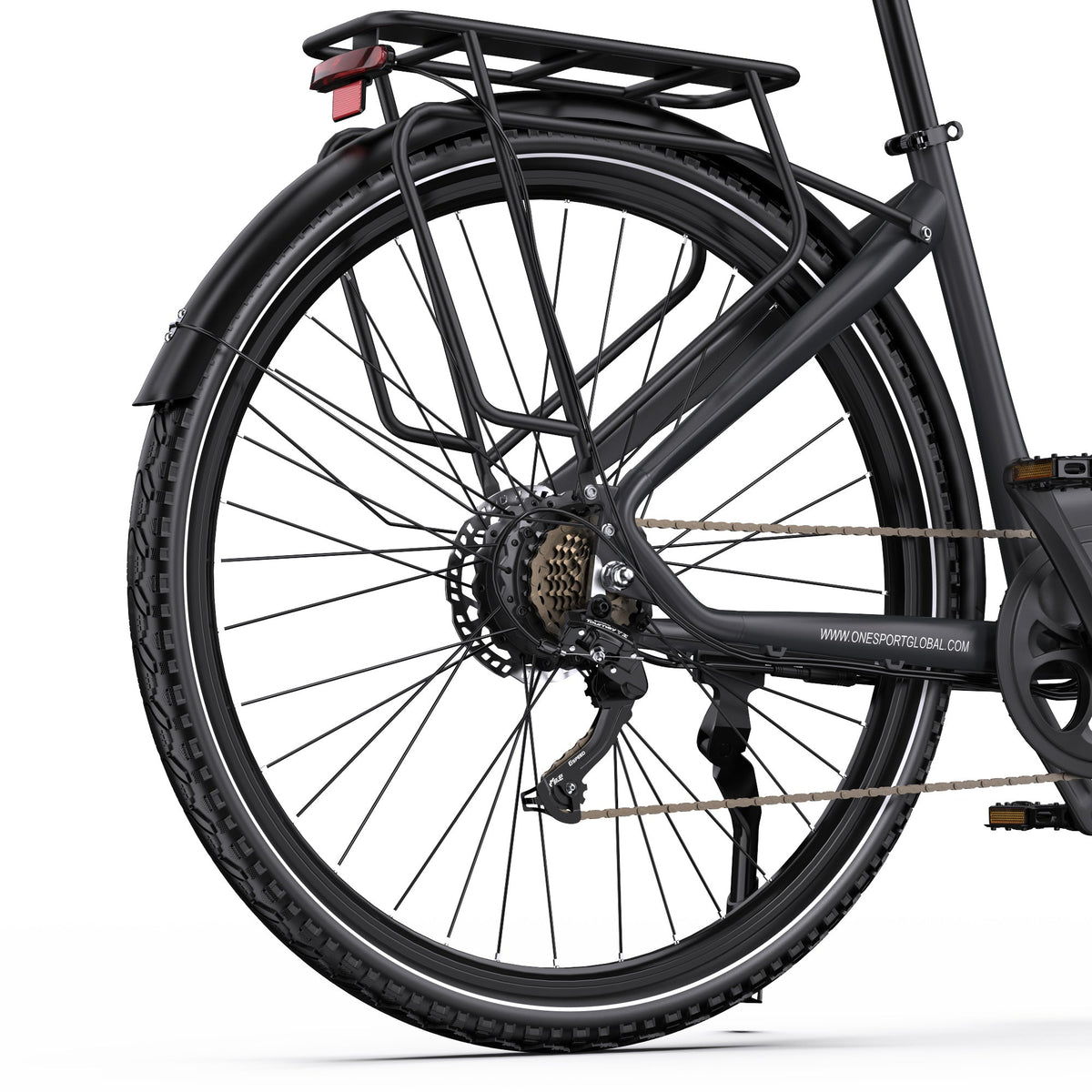 Hinterrad des OneSport OT05 Pro von hinten in Schwarz