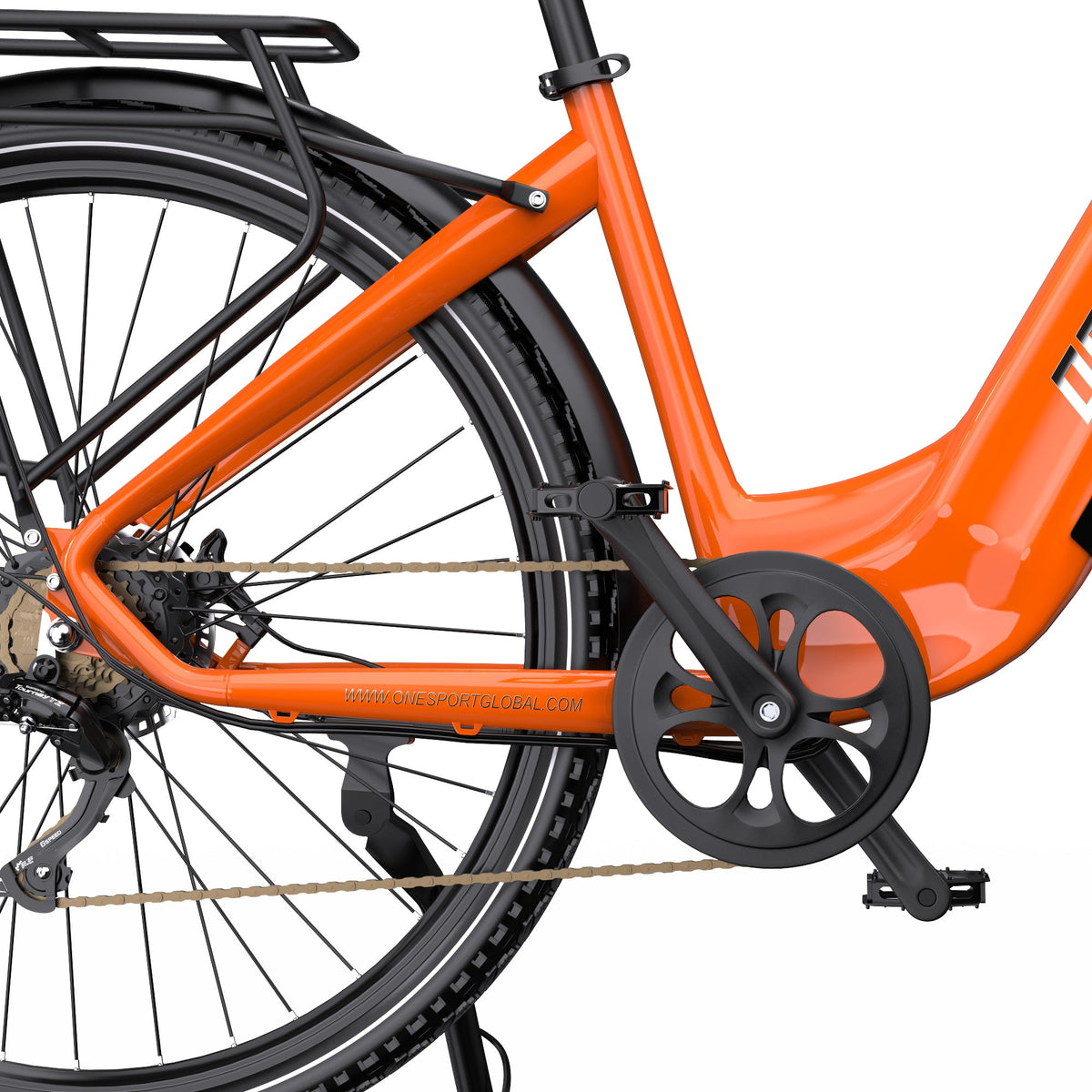 Kurbel und Pedale des OneSport OT05 Pro in Orange
