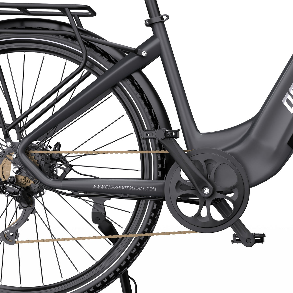 Schaltung und Kette des OneSport OT05 Pro von der Seite in Schwarz