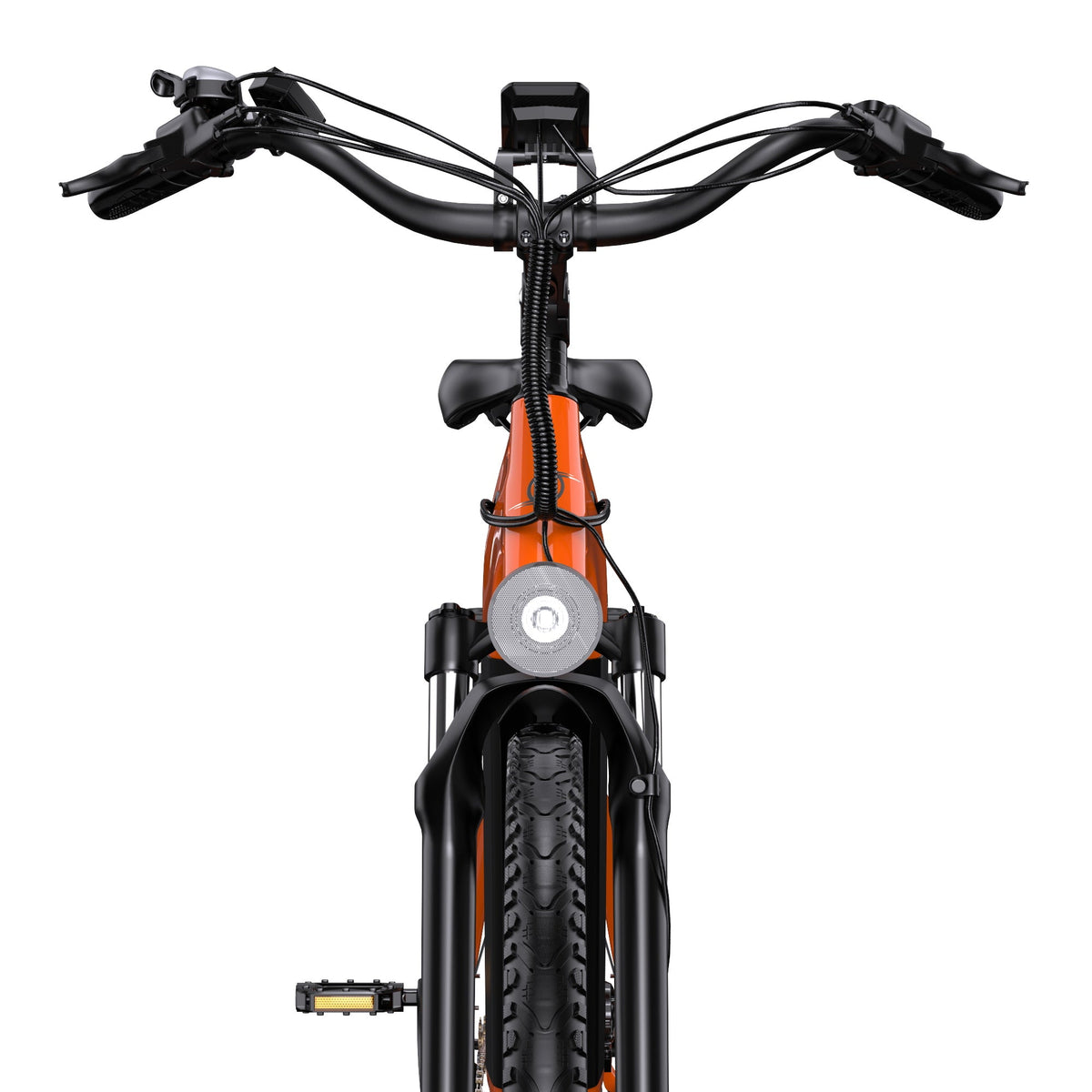 Lenker des OneSport OT05 Pro mit Display und Bedienelementen in Orange
