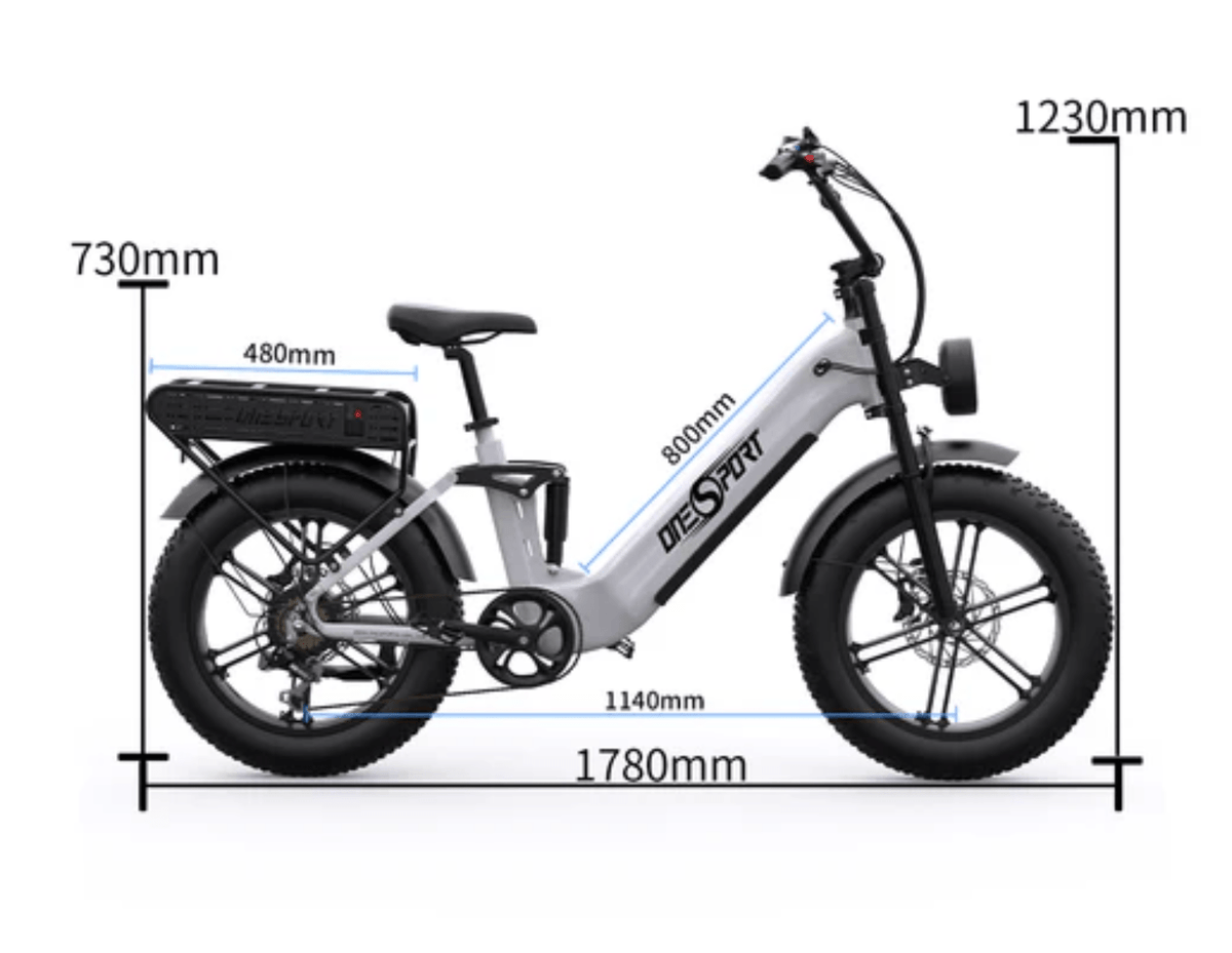 Maßzeichnung des OneSport OT08 Pro Fatbike-E-Bikes in Weiß