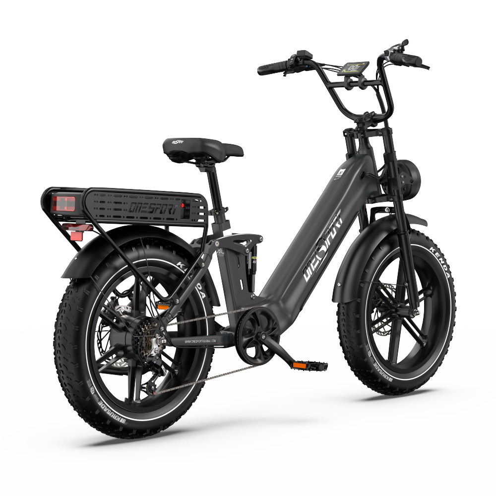 OneSport OT08 Pro Fatbike-E-Bike schräg von hinten in Grau