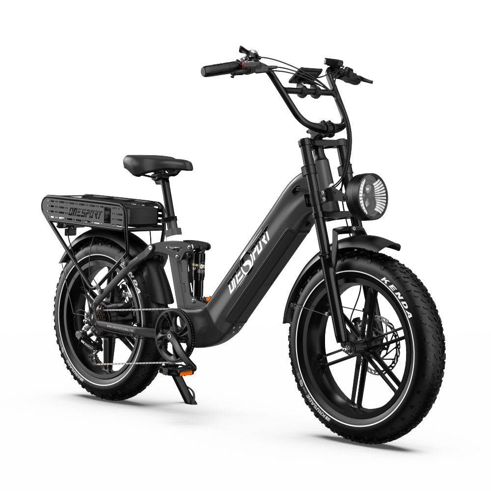 OneSport OT08 Pro Fatbike-E-Bike schräg von vorne von der anderen Seite in Grau
