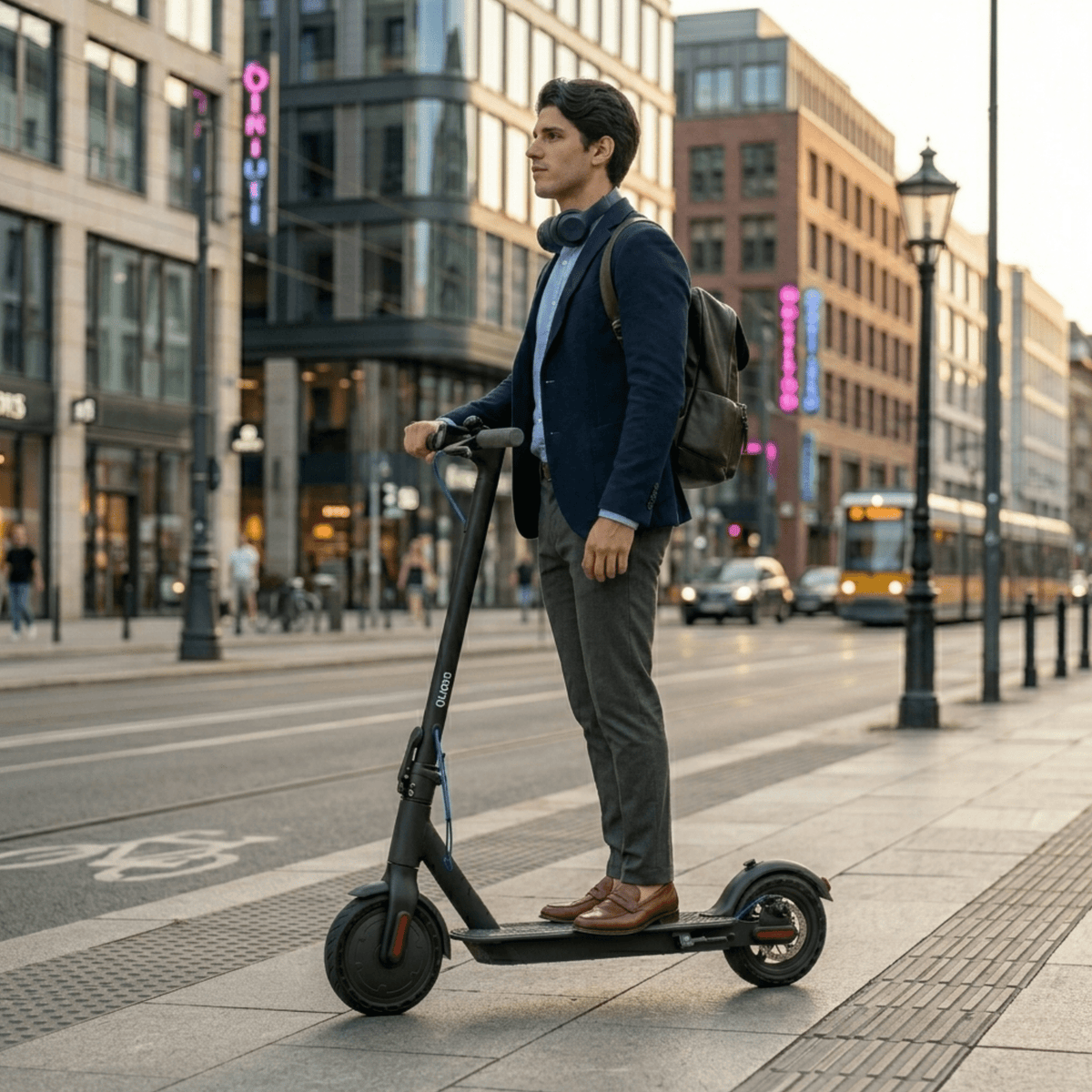 Mann steht neben dem SEEDREAM RED WING MINI E-Scooter in der Stadt