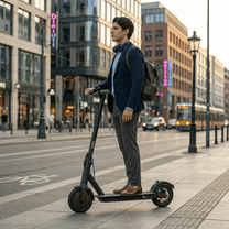 Mann steht neben dem SEEDREAM RED WING MINI E-Scooter in der Stadt