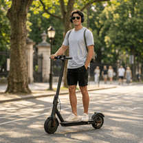 Mann steht neben dem SEEDREAM RED WING MINI E-Scooter in einem Park
