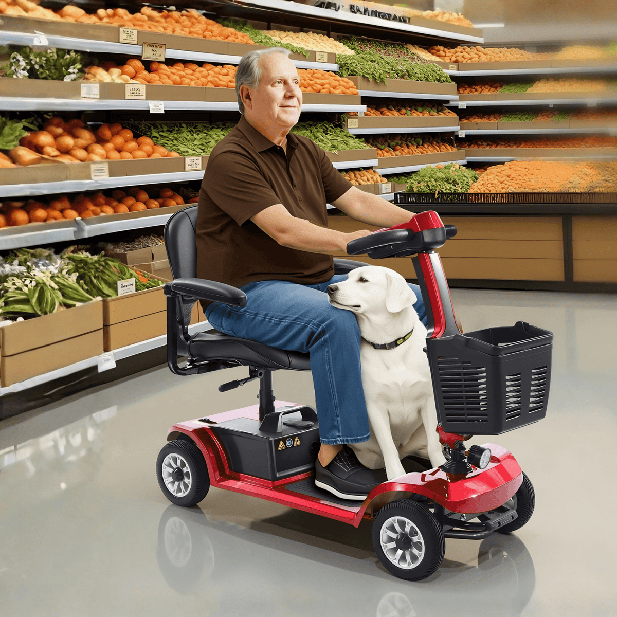 Älterer Mann sitzt auf dem SEEDREAM S-02 Elektromobil mit einem Hund