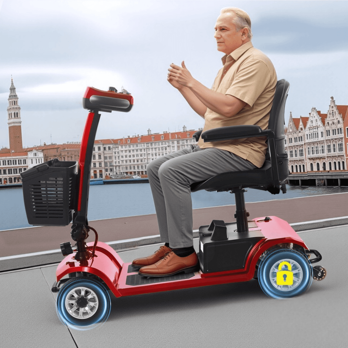 Älterer Mann sitzt auf dem SEEDREAM S-02 Elektromobil in der Stadt
