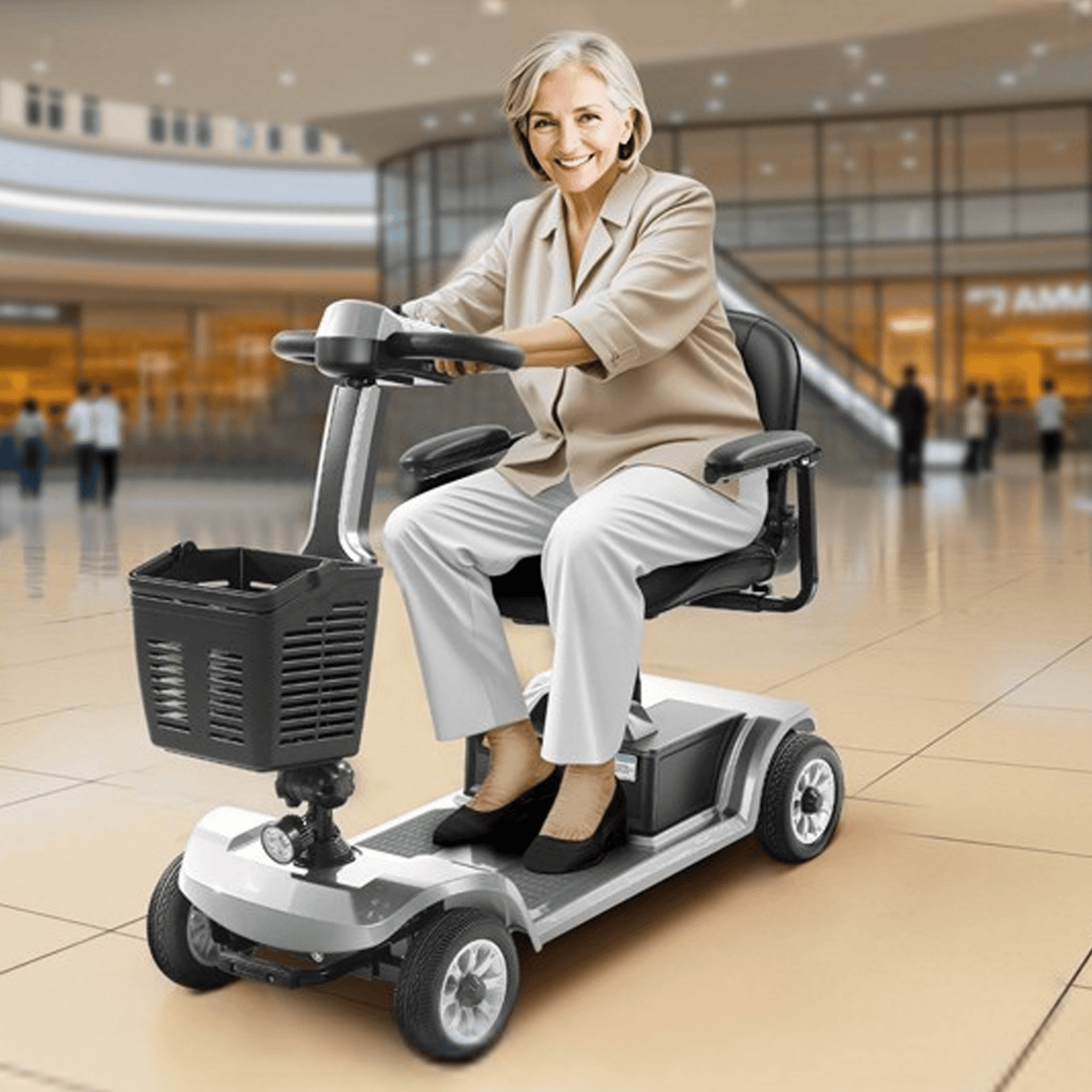 Ältere Frau sitzt auf dem SEEDREAM S-02 Elektromobil in einem Einkaufszentrum