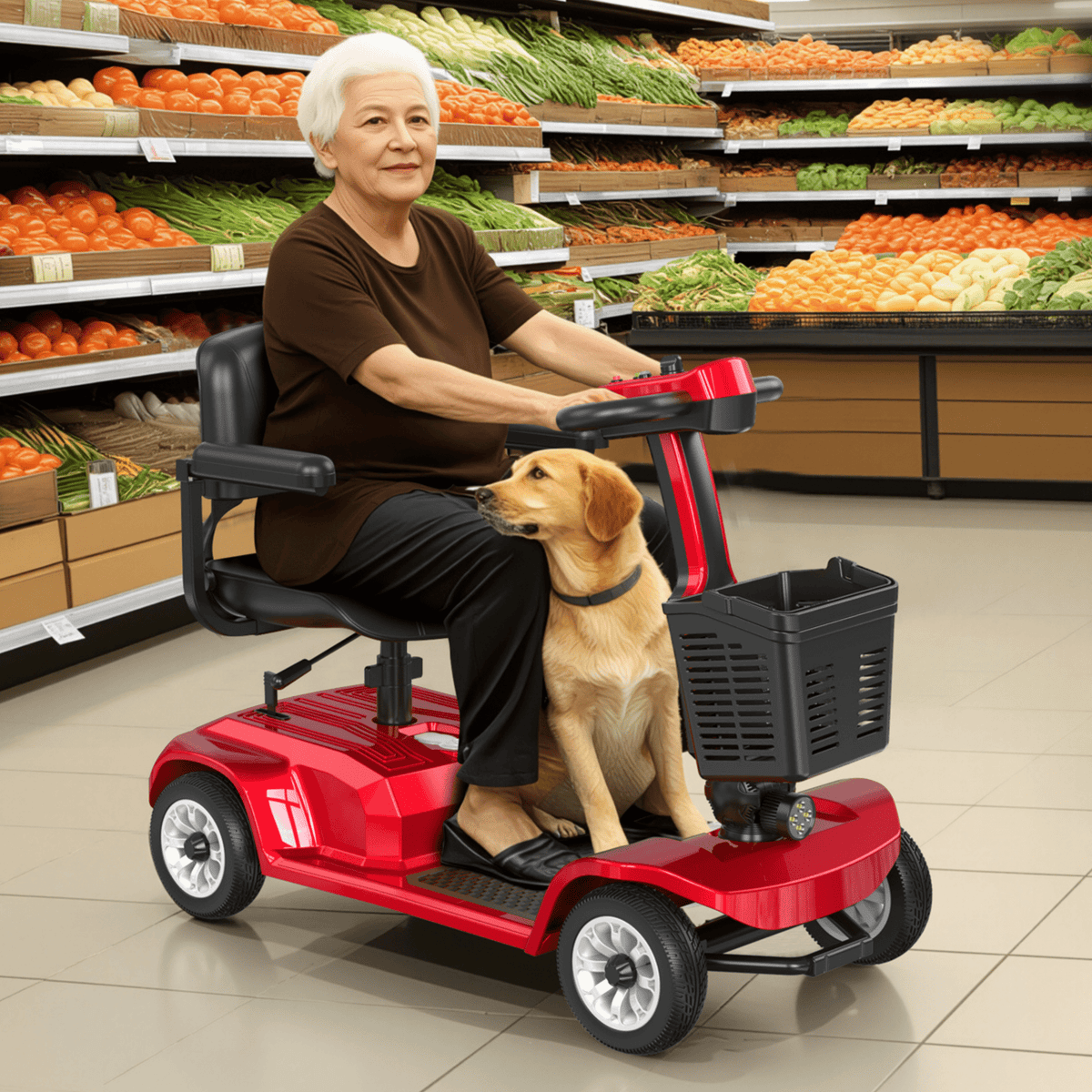 Ältere Frau sitzt auf dem SEEDREAM X-02 Elektromobil mit einem Hund