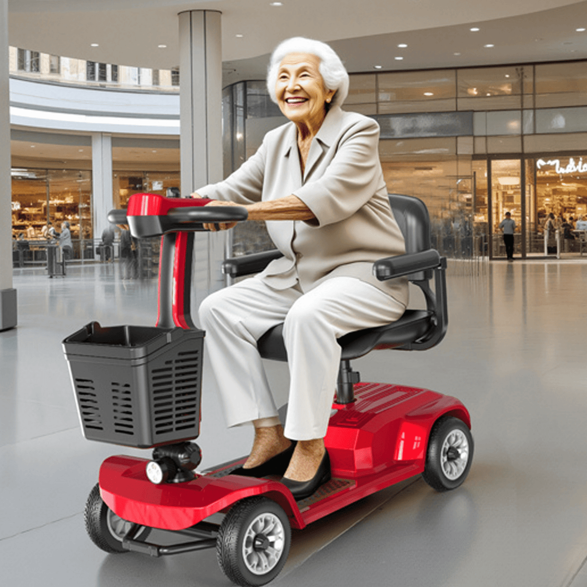 Ältere Frau sitzt auf dem SEEDREAM X-02 Elektromobil in einem Einkaufszentrum