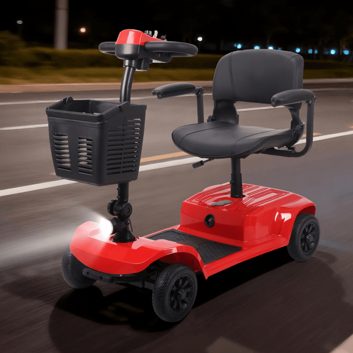 SEEDREAM X-02B Lucas Elektromobil mit eingeschalteter Beleuchtung in abendlicher Umgebung