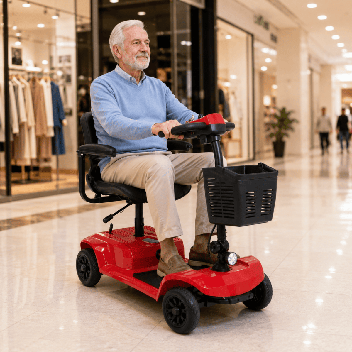 Älterer Mann sitzt auf dem SEEDREAM X-02B Lucas Elektromobil in einem Einkaufszentrum
